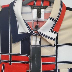 NWT BCBG MaxAzria Geometric Pattern with Epaulettes Snap Front Stretch Shirt PXL